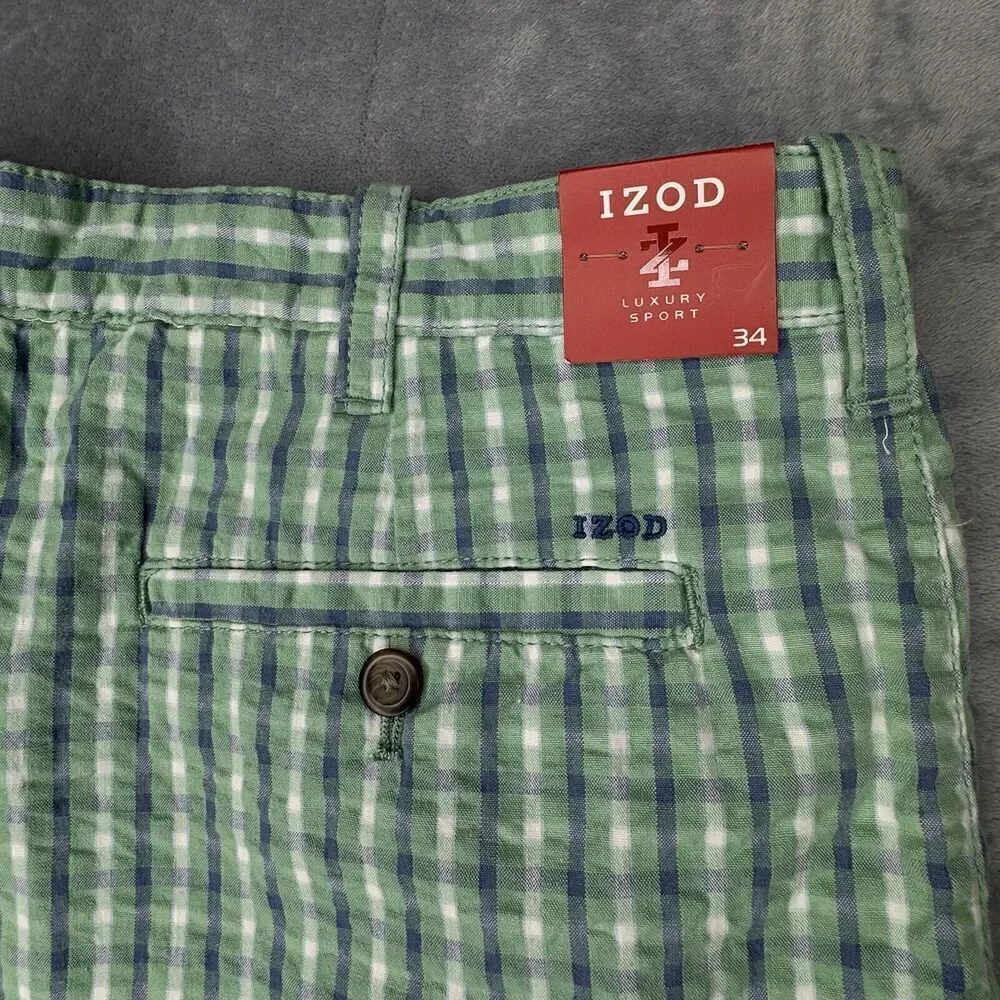 IZOD Men 34 Shorts Green Seersucker Plaid Luxury Sport Chino Golf Flat 9